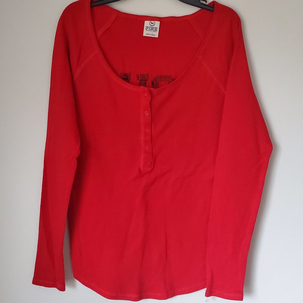 LOVE PINK Red Mini Waffle Henley Top Soft Cotton Black Sequins Branding on Back